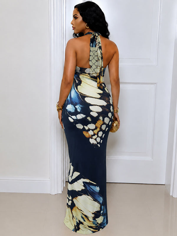 Printed Lace-Up Halter Dress