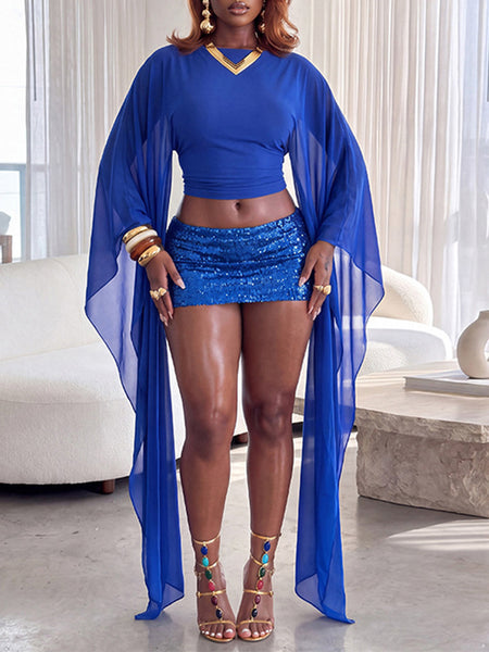 Solid Mesh Cape-Sleeve Crop Top