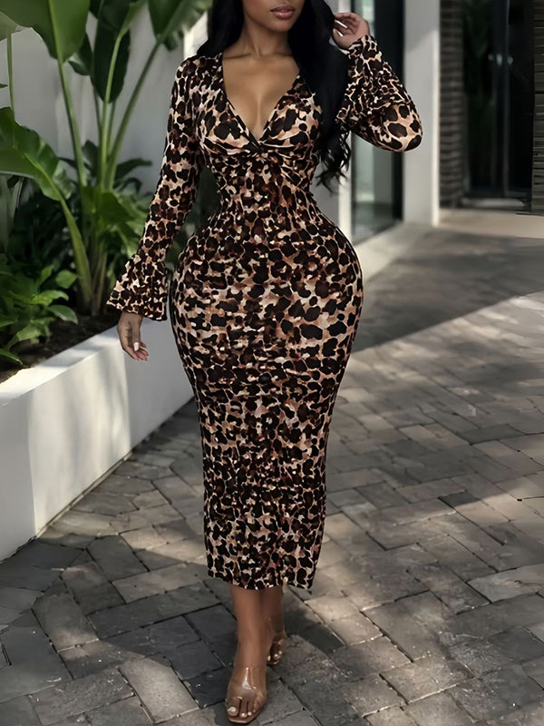 Leopard Print Flare Sleeve Maxi Dress