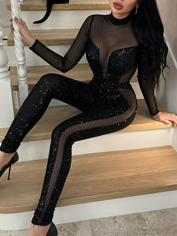 Sequin Mesh Panel Jumpsuit