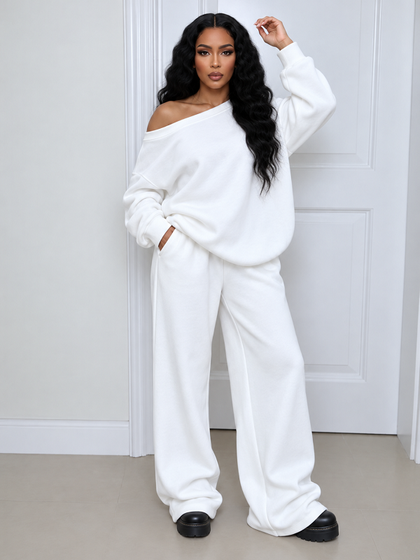 Solid Boat Neck Top & Pants Set