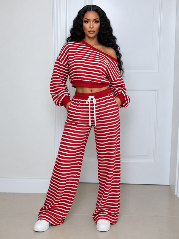 Striped Boat-Neck Cropped Top & Pants Set