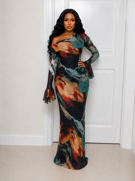 Printed Boat-Neck Maxi Dress