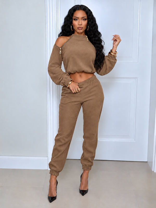 Solid Zip-up Crop Top & Pants Set