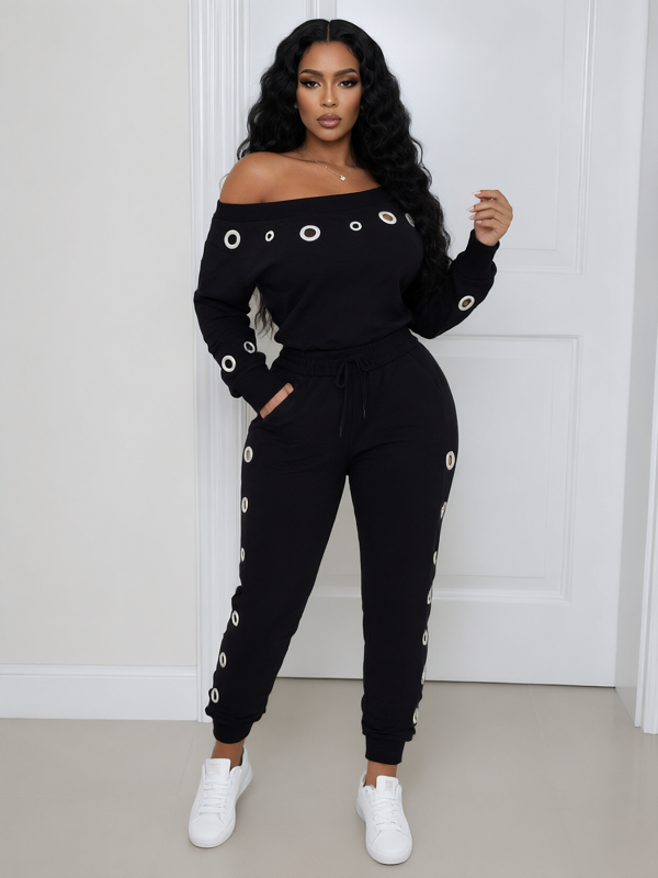 Solid Metal‑Button Top & Drawstring Pants Set