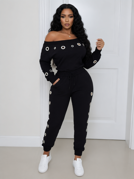 Solid Metal‑Button Top & Drawstring Pants Set