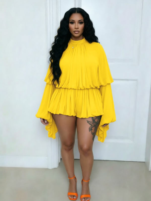Bell-Sleeve Ruched Romper