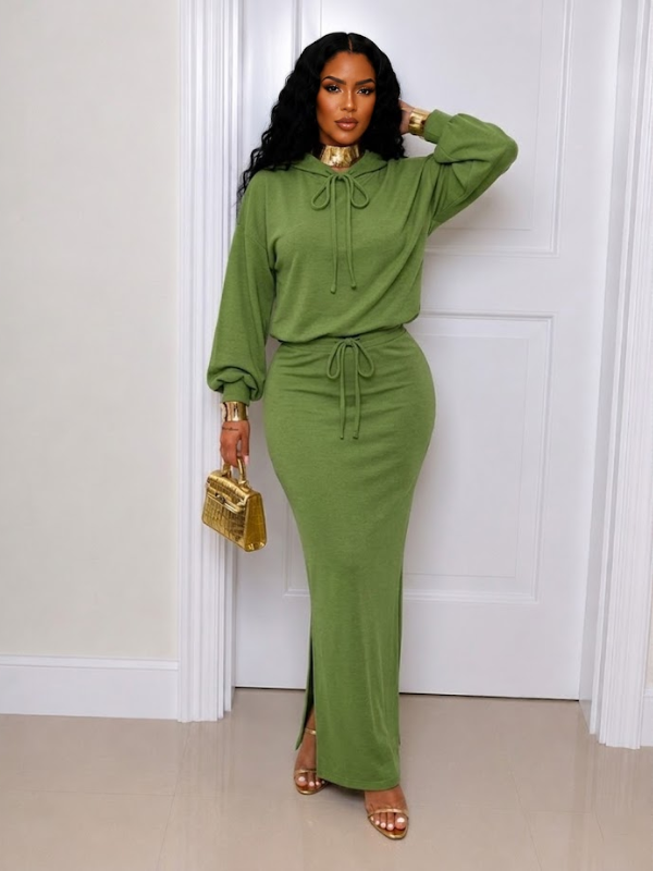 Tied Neck Top & Slit Skirt Set