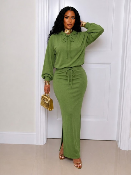 Tied Neck Top & Slit Skirt Set