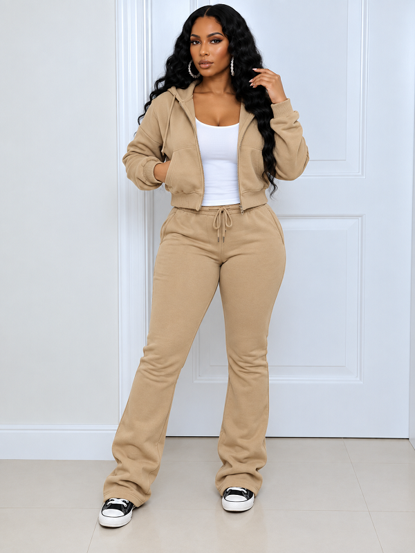 Solid Zip-Front Hoodie & Pants Set