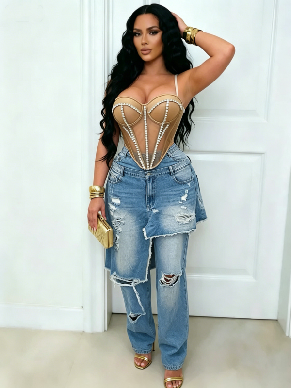 Double-Waist Ripped Jeans