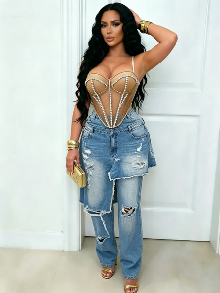 Double-Waist Ripped Jeans