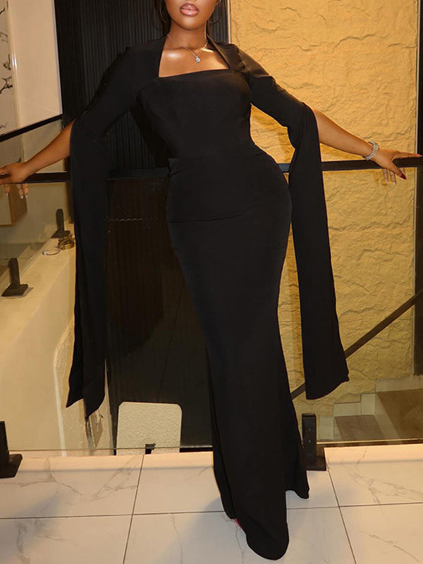 Solid Square Neck Cape Maxi Dress