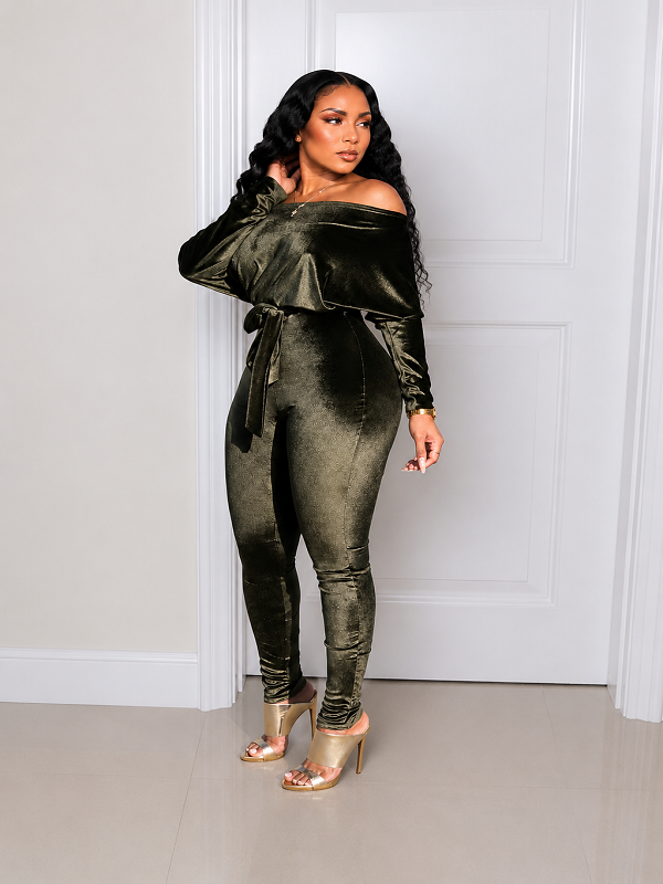 Velvet Boat-Neck Tied Jumpsuit
