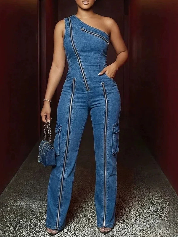 Zipper Denim Cargo Jumpsuit