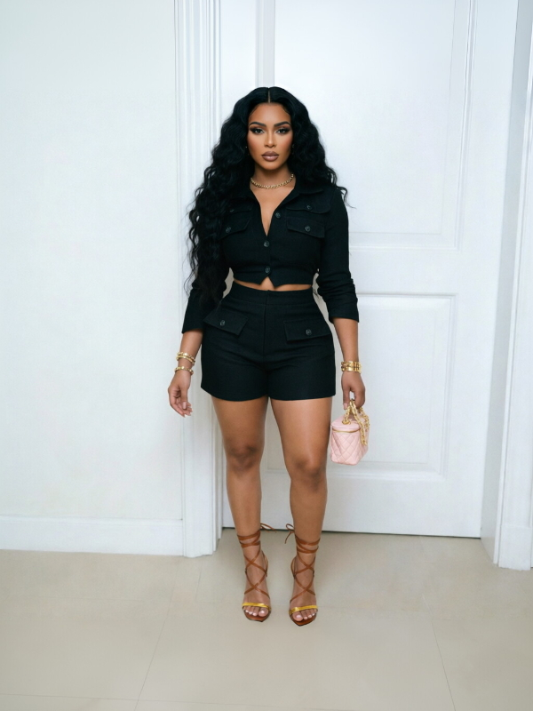 Solid Cargo Shirt & Shorts Set