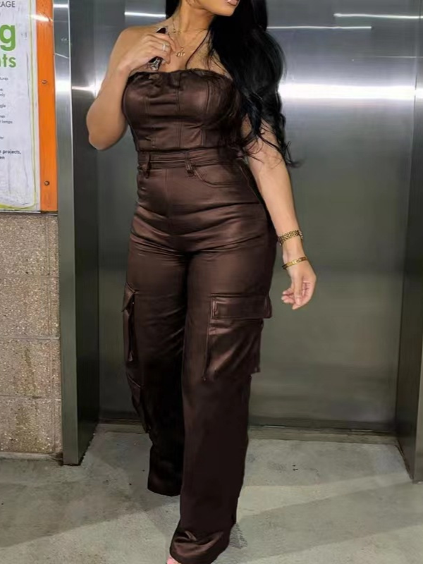 Faux Leather Strapless Jumpsuit
