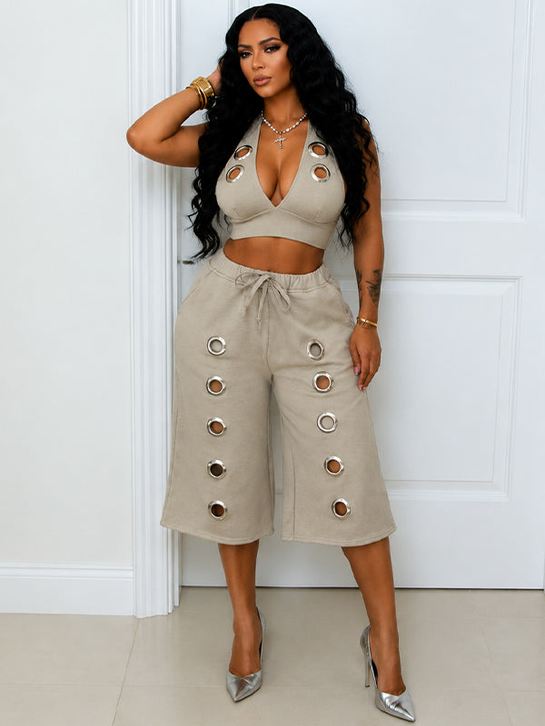 Eyelet Halter Top & Capri Pants Set