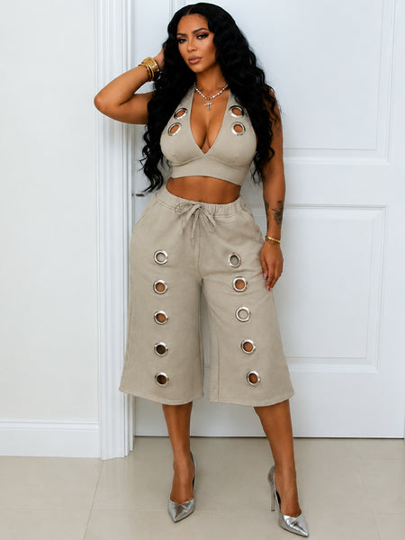 Eyelet Halter Top & Capri Pants Set