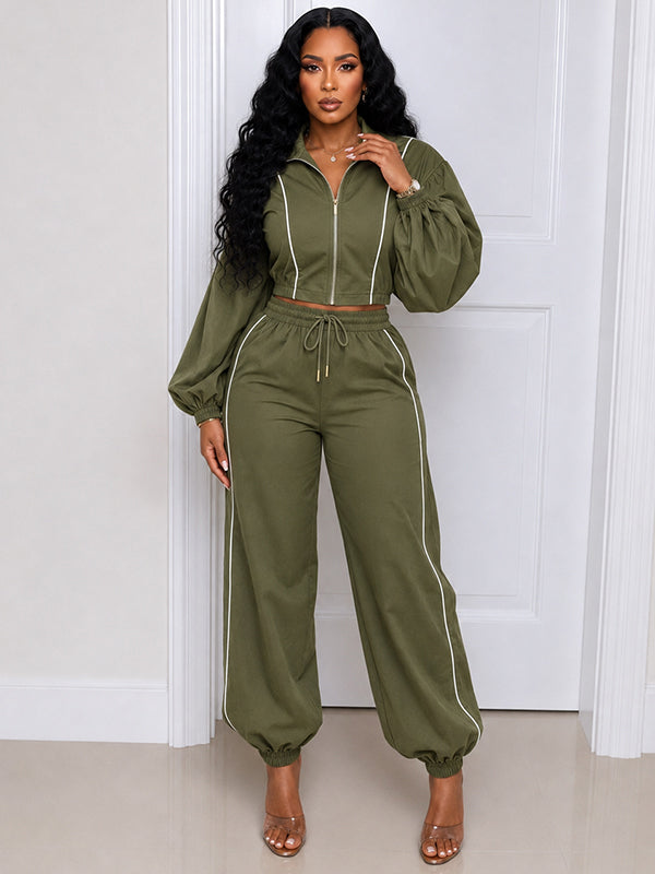 Stripe Puff-Sleeve Jacket & Pants Set