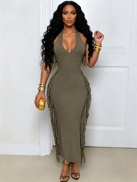 Fringe  Halter Maxi Dress