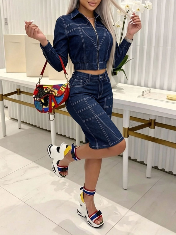 Denim Crop Jacket & Shorts Set