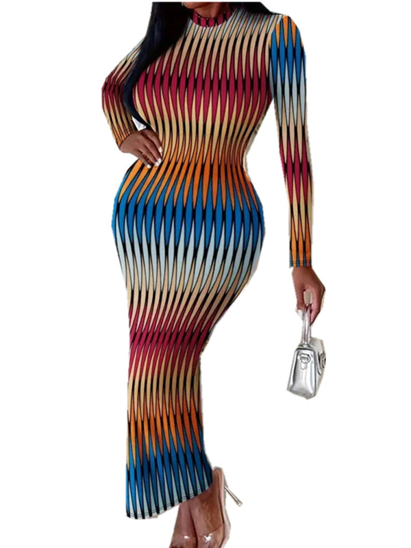 Printed Mock Neck Bodycon Midi Dress