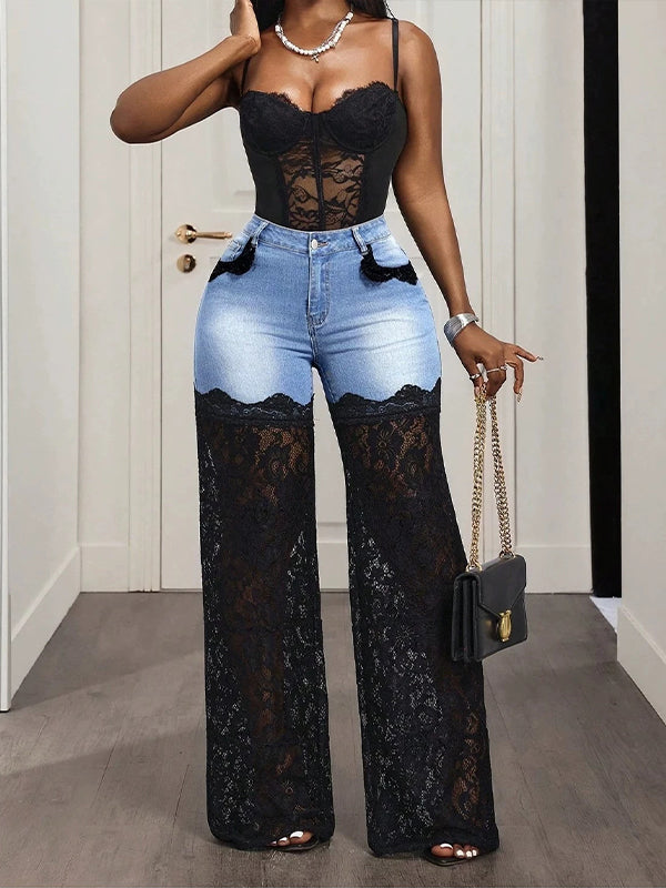 Lace‑Spliced Denim Pants