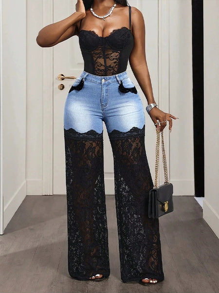 Morchique Lace‑Spliced Denim Pants