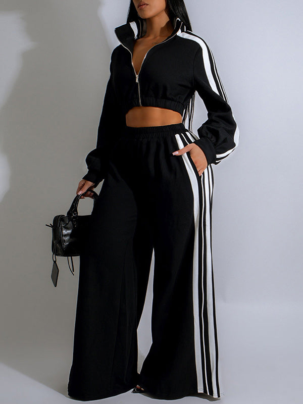 Striped Crop Sweatshirt & Wide Leg Pants Set