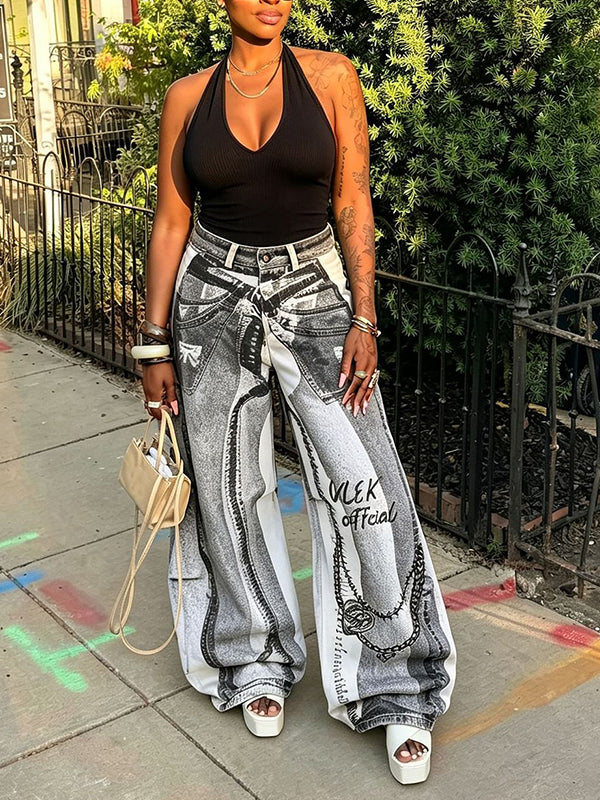 Printed Wide-Leg Jeans