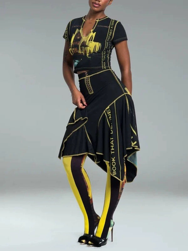 Printed V-Neck Tee & Asymmetric Skirt Set