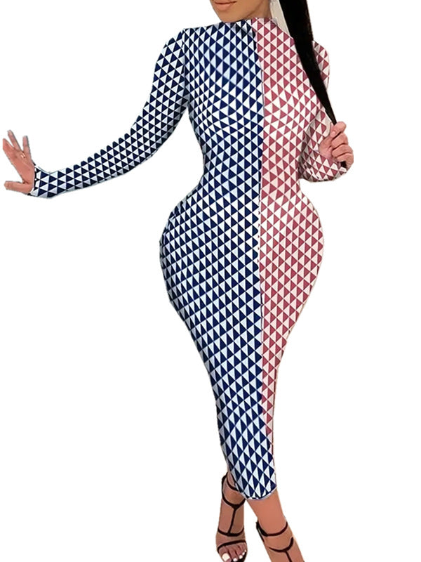 Printed Mock Neck Bodycon Midi Dress