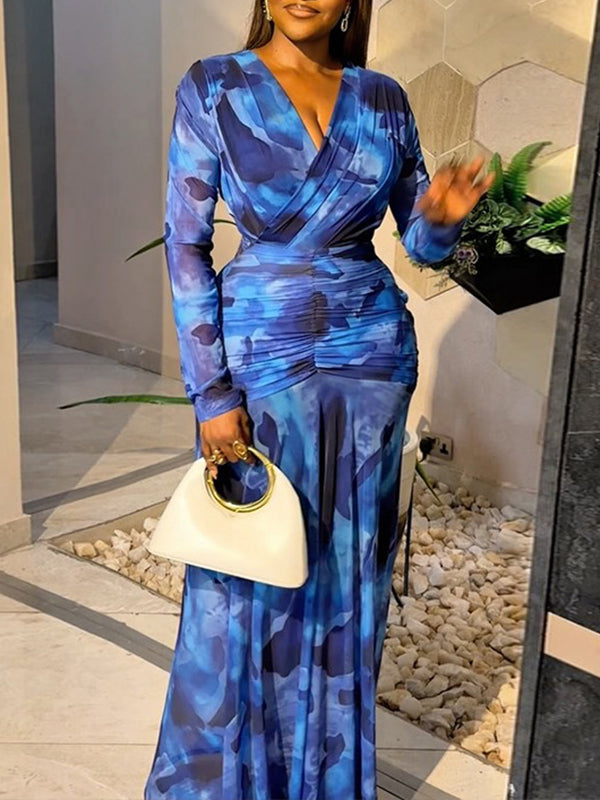 Printed V Neck Bodycon Dress