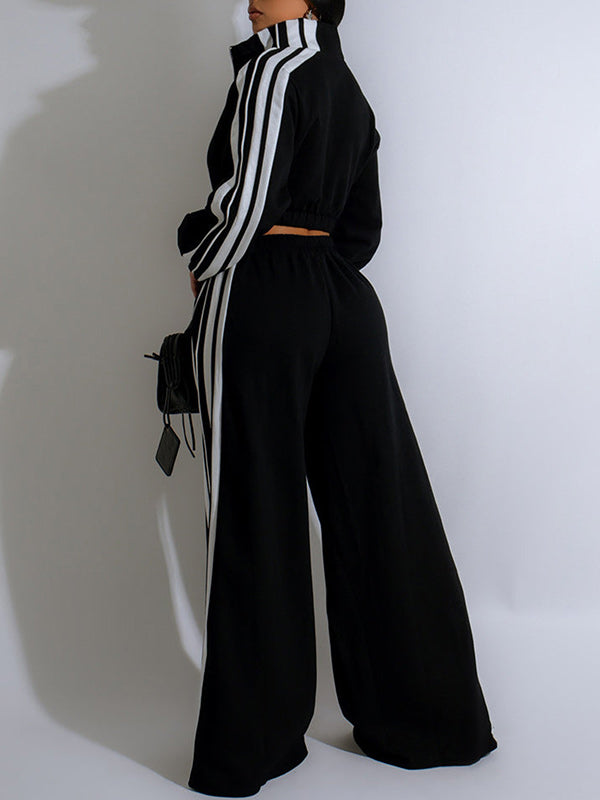 Striped Crop Sweatshirt & Wide Leg Pants Set