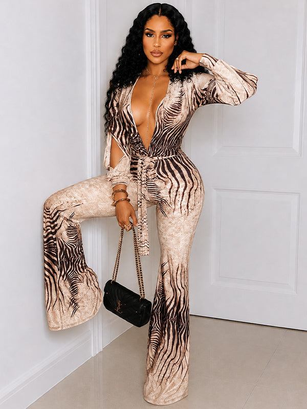 Printed V-Neck Tied Jumpsuit