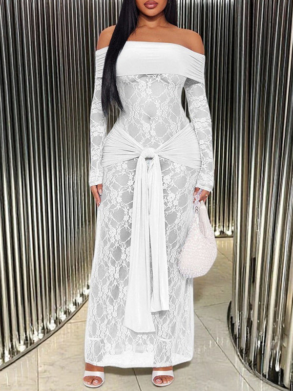 Lace Off Shoulder Draped Sash Dress