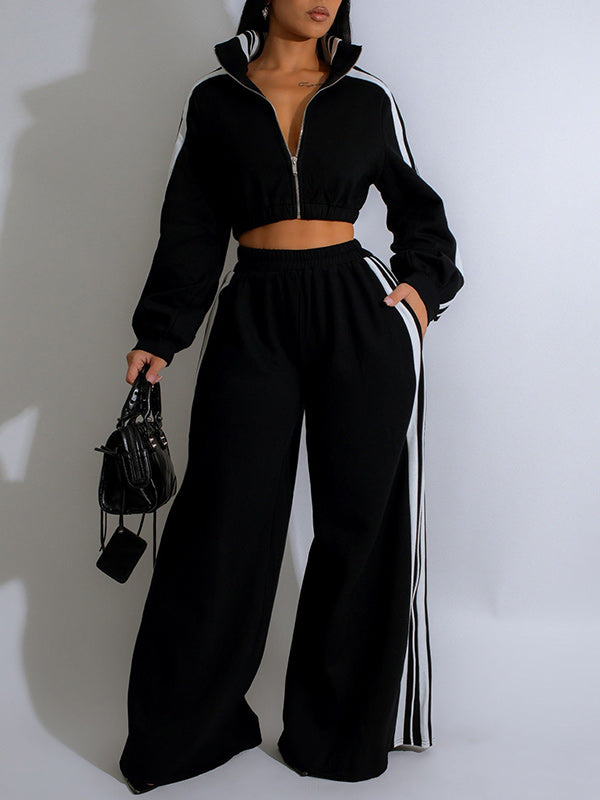 Striped Crop Sweatshirt & Wide Leg Pants Set