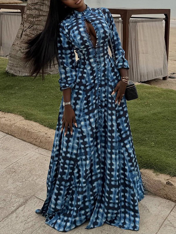 Plaid Print Cut‑Out Maxi Dress