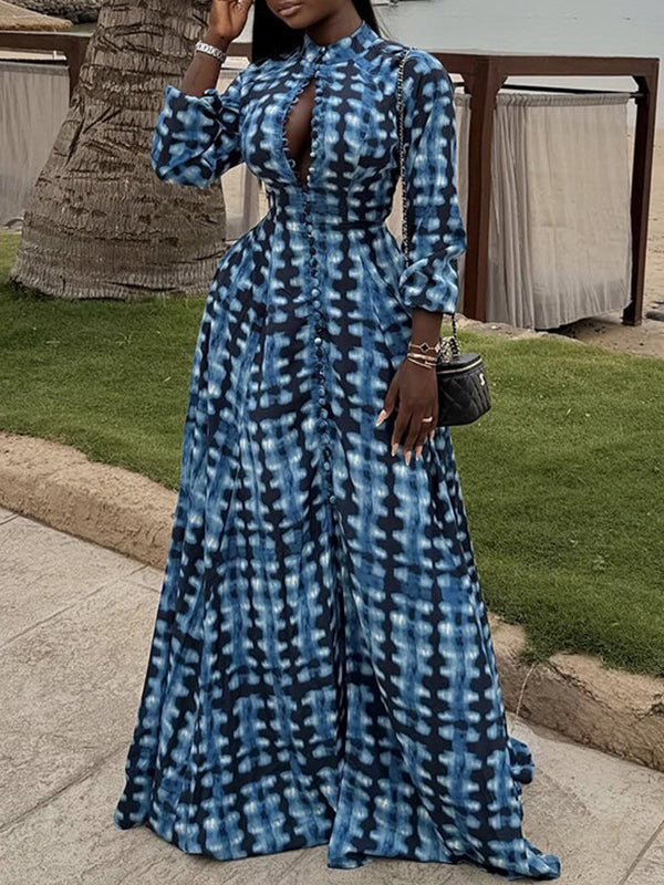 Plaid Print Cut‑Out Maxi Dress