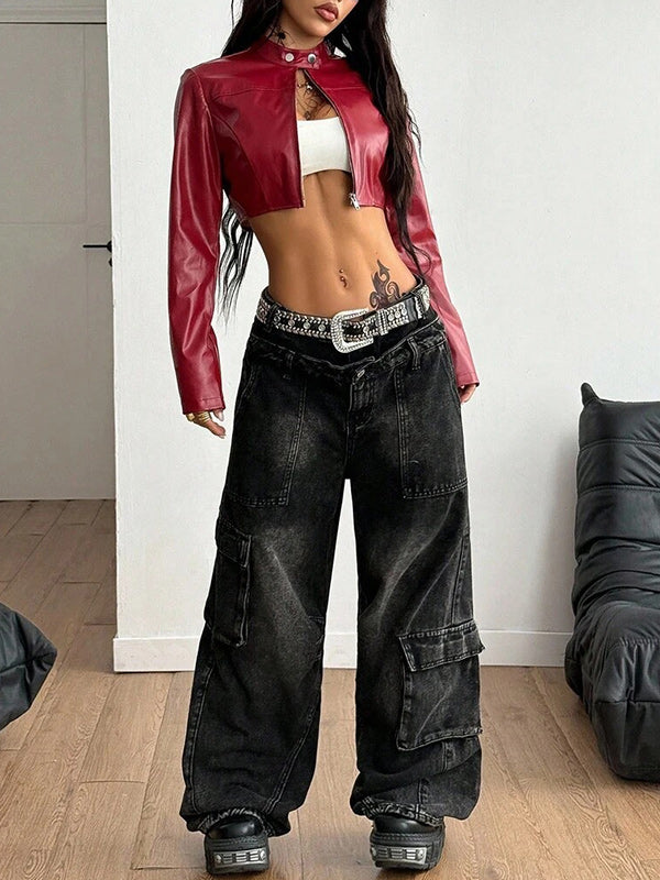 Faux-Leather Zip-Up Cropped Jacket