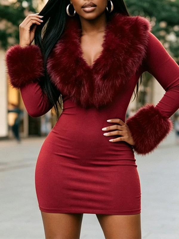 Solid V-Neck Faux Fur Dress