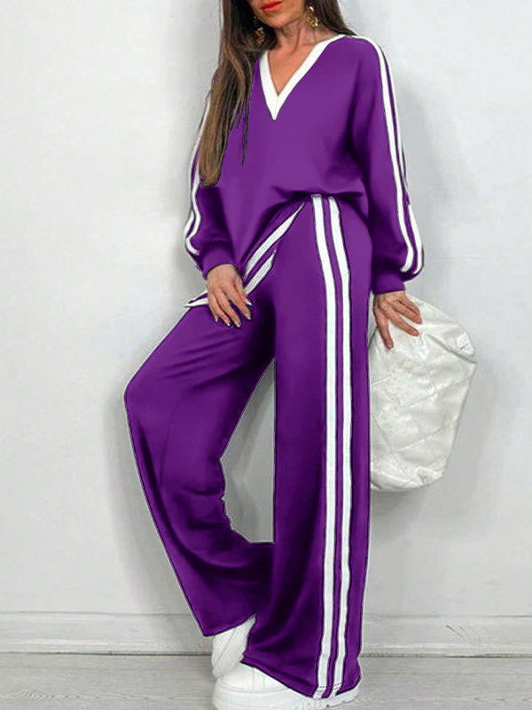 Striped V-Neck Top & Pants Set