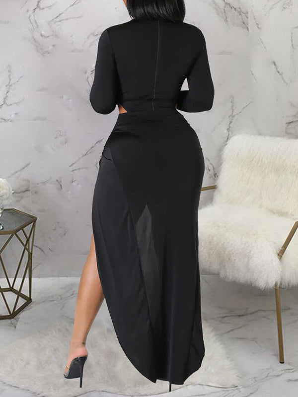 Solid Lace-UP Top  & High Slit Skirt Set