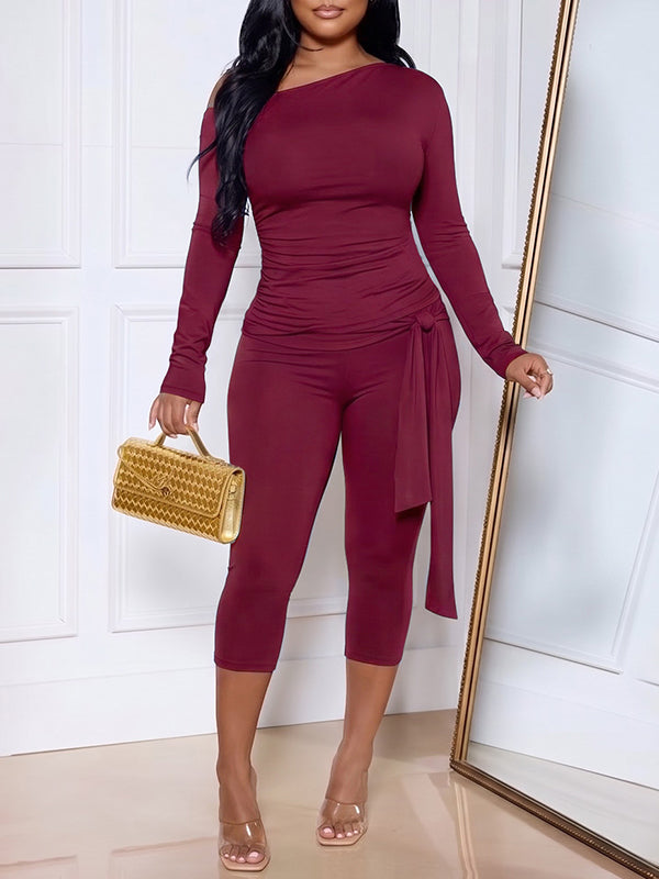 Solid Ruched Top & Tie Capri Pants Set