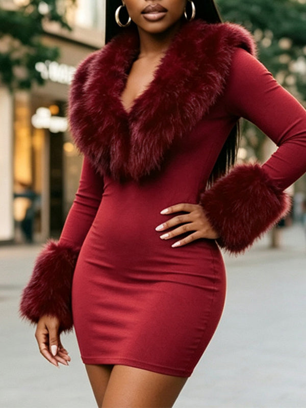 Solid V-Neck Faux Fur Dress