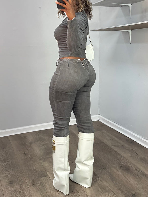 Denim Zip-Front Jacket & Pants Set