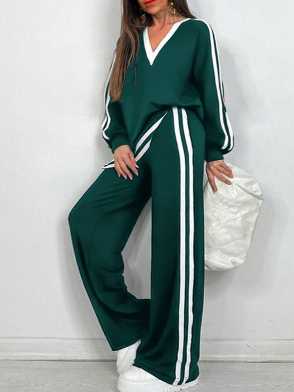 Striped V-Neck Top & Pants Set