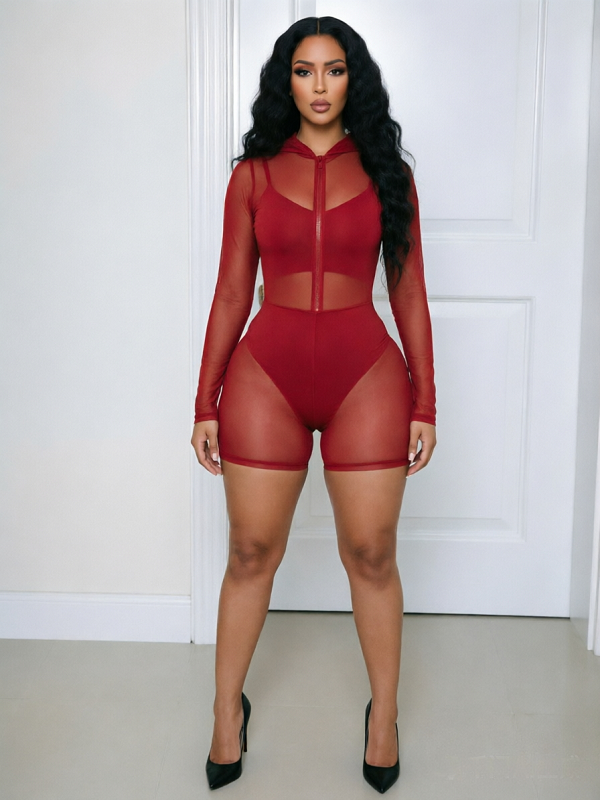 Hooded Zip‑Up Mesh Romper