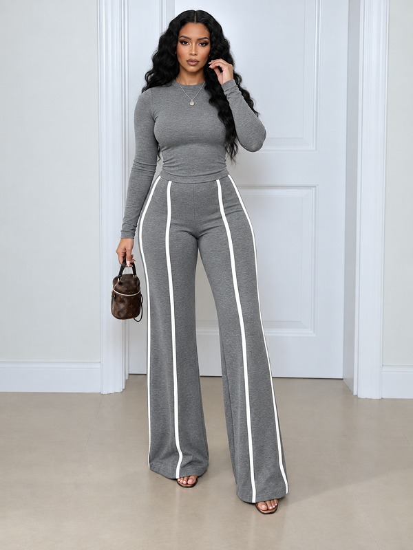 Solid Top & Striped Pants Set